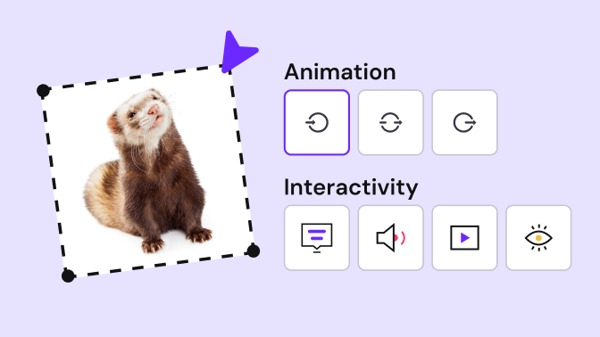 Imagen de un hurón seleccionada en el editor con opciones de animación e interactividad